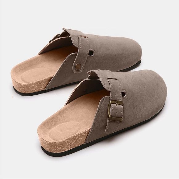 Charcoal Colored Suede Closed Toe Buckle Slide - Picture 4 of 5